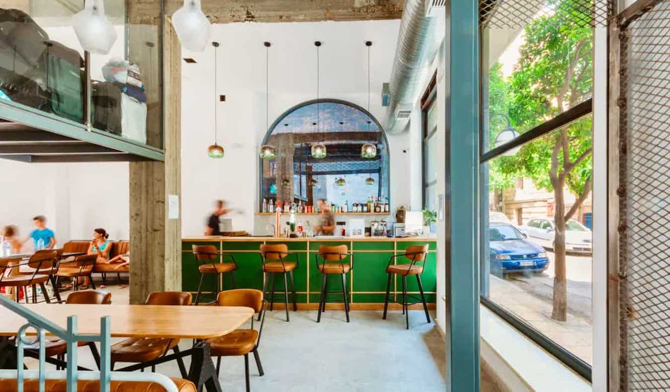 A small cafe and common area at the Athens Backpackers hostel in Athens, Greece