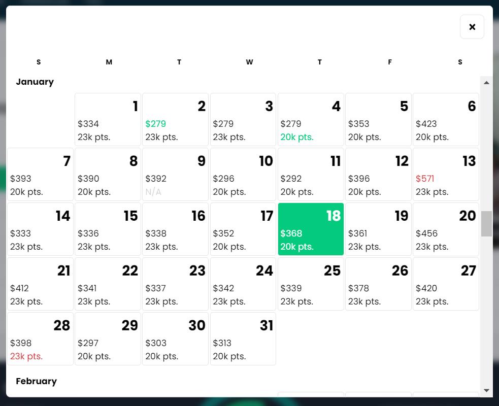 Calendar on Awayz website showing the cost in points and cash for each night in a Hyatt hotel in Miami, Florida