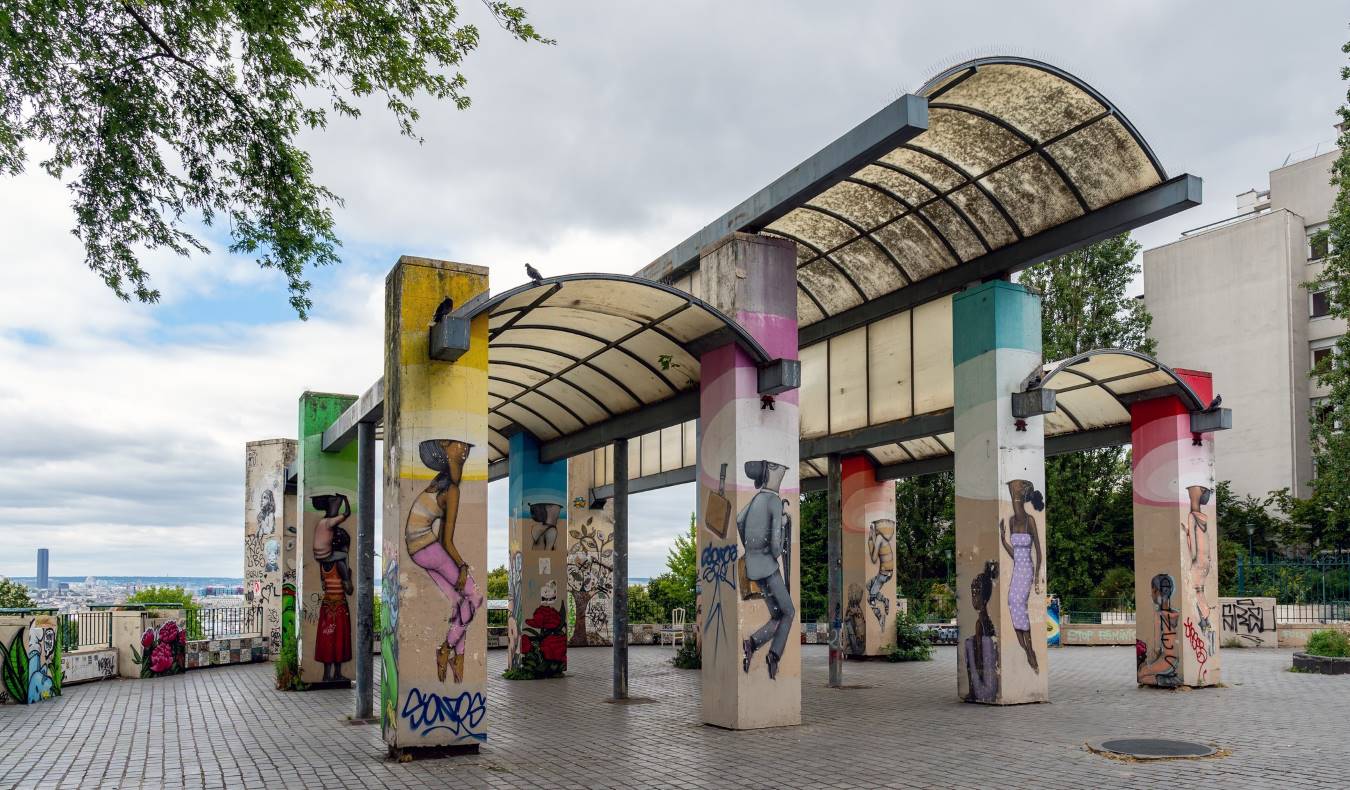 Street art on a structure in Belleville Park in Paris, France