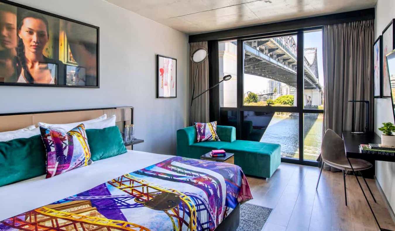 A cool, arty hotel room at the Crystalbrook Vincent hotel in Brisbane, Australia
