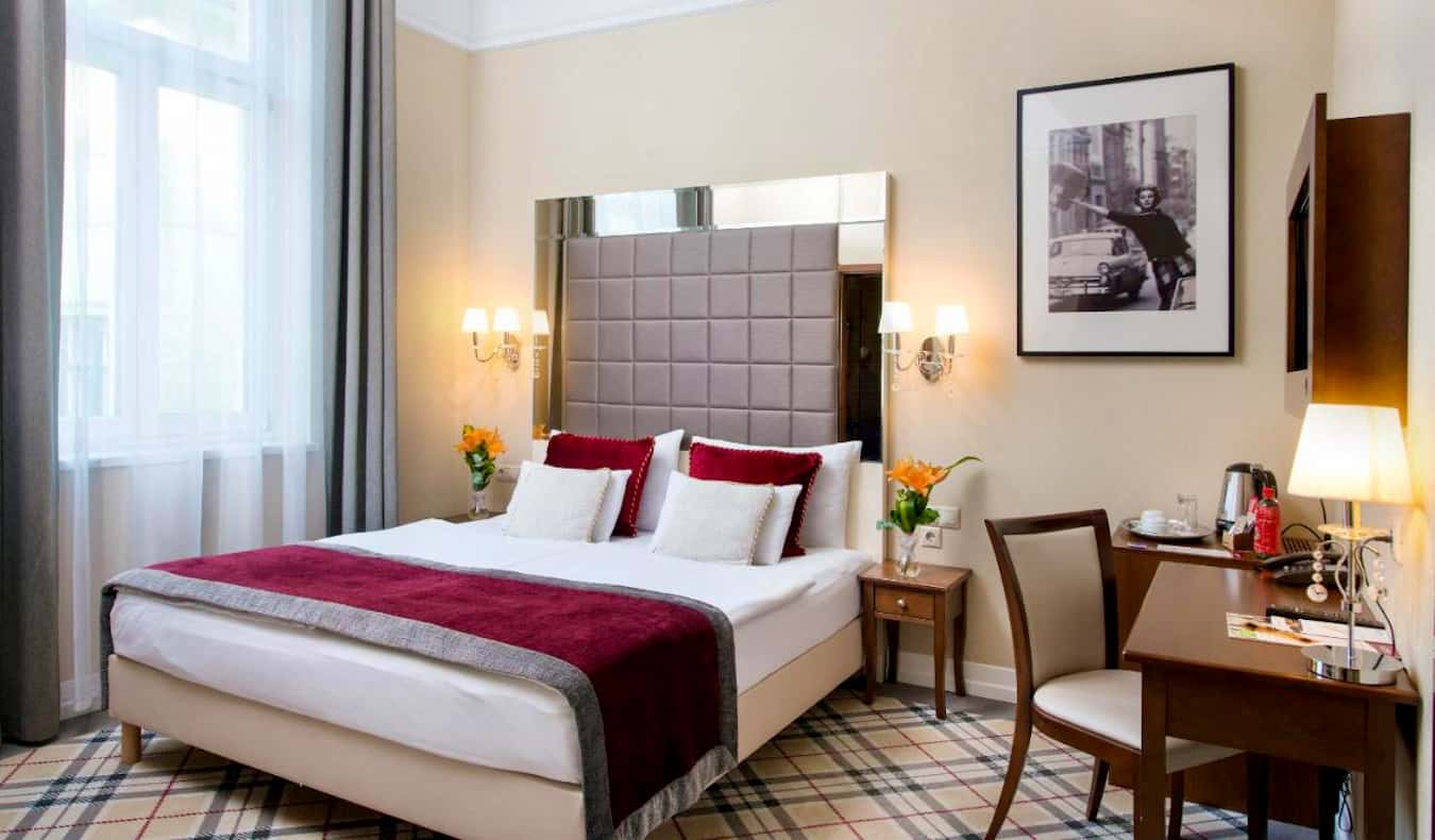 A simple but comfortable hotel room at the Mirage Medic Hotel in Budapest, Hungary