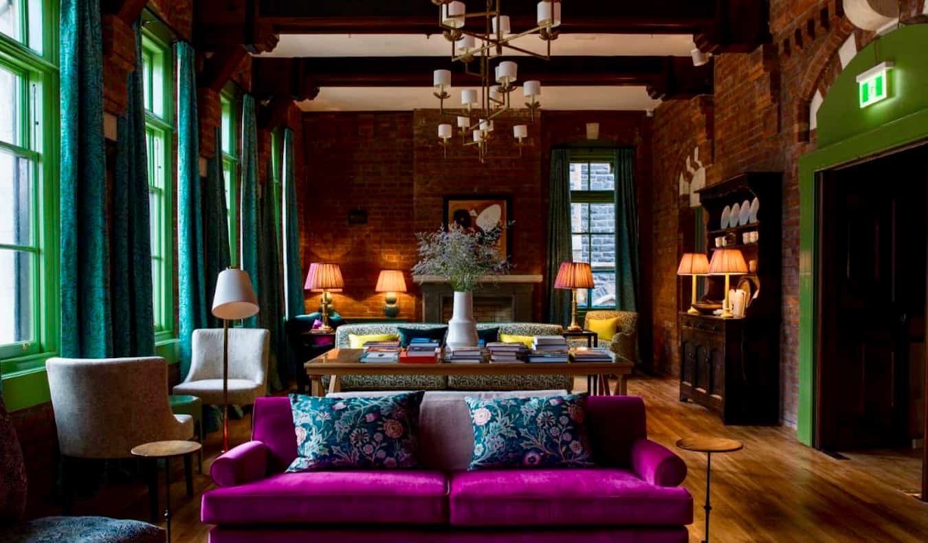 A rustic but posh lounge at a five-star hotel in Christchurch, New Zealand