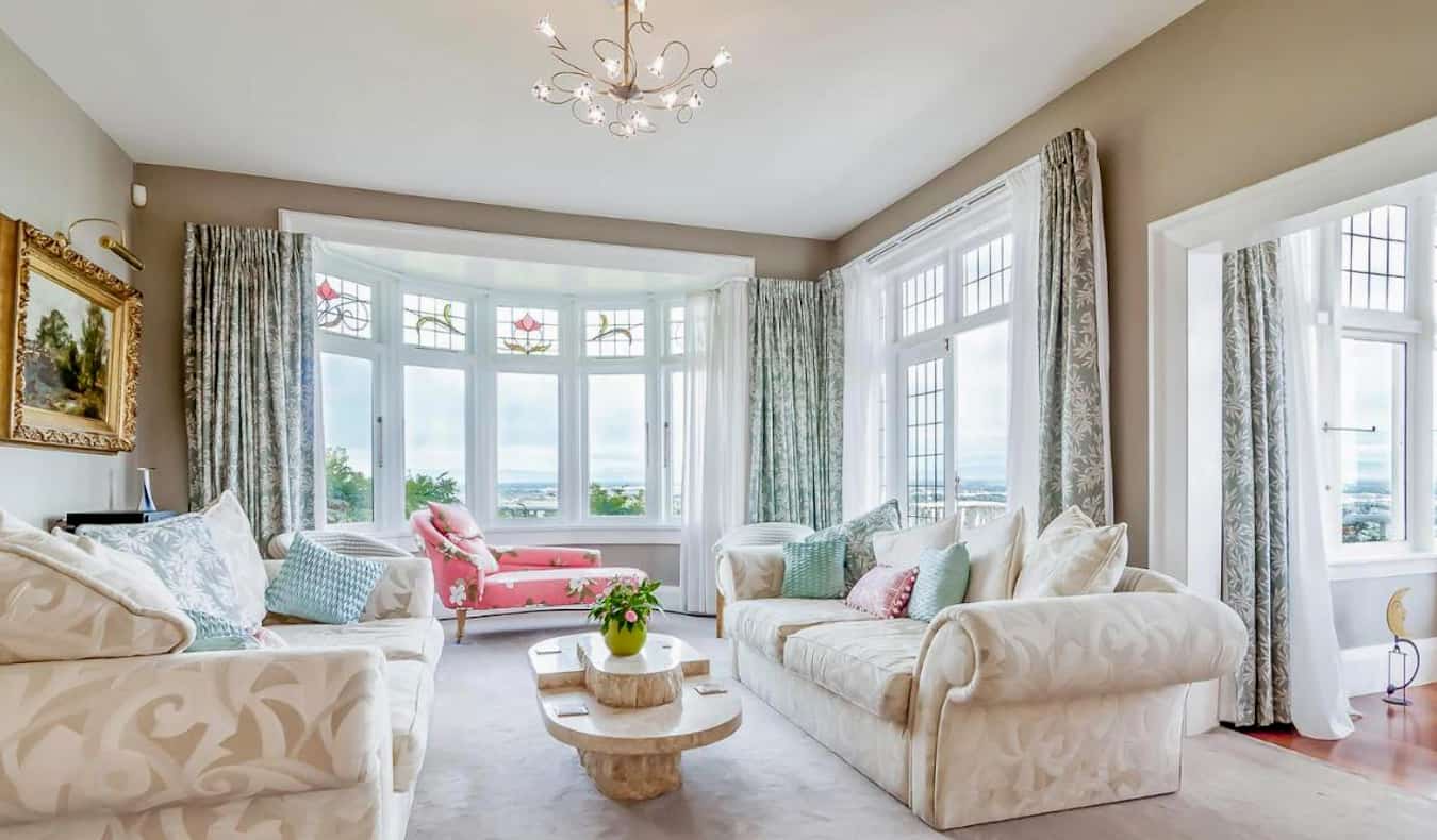 A large and bright sitting room at a five-star B&B in Christchurch, New Zealand
