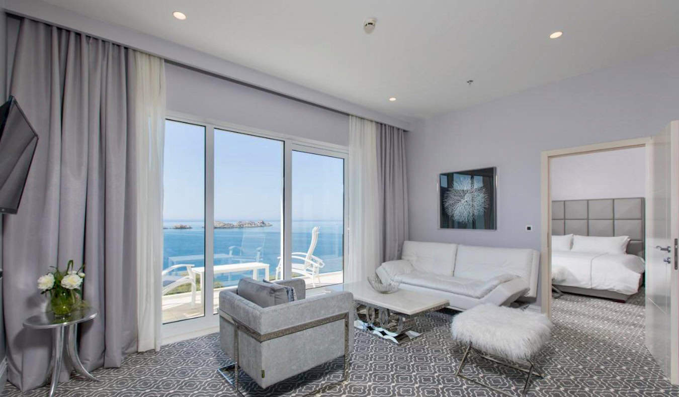 A spacious hotel room overlooking the sea at the Royal Palm Hotel in Dubrovnik, Croatia