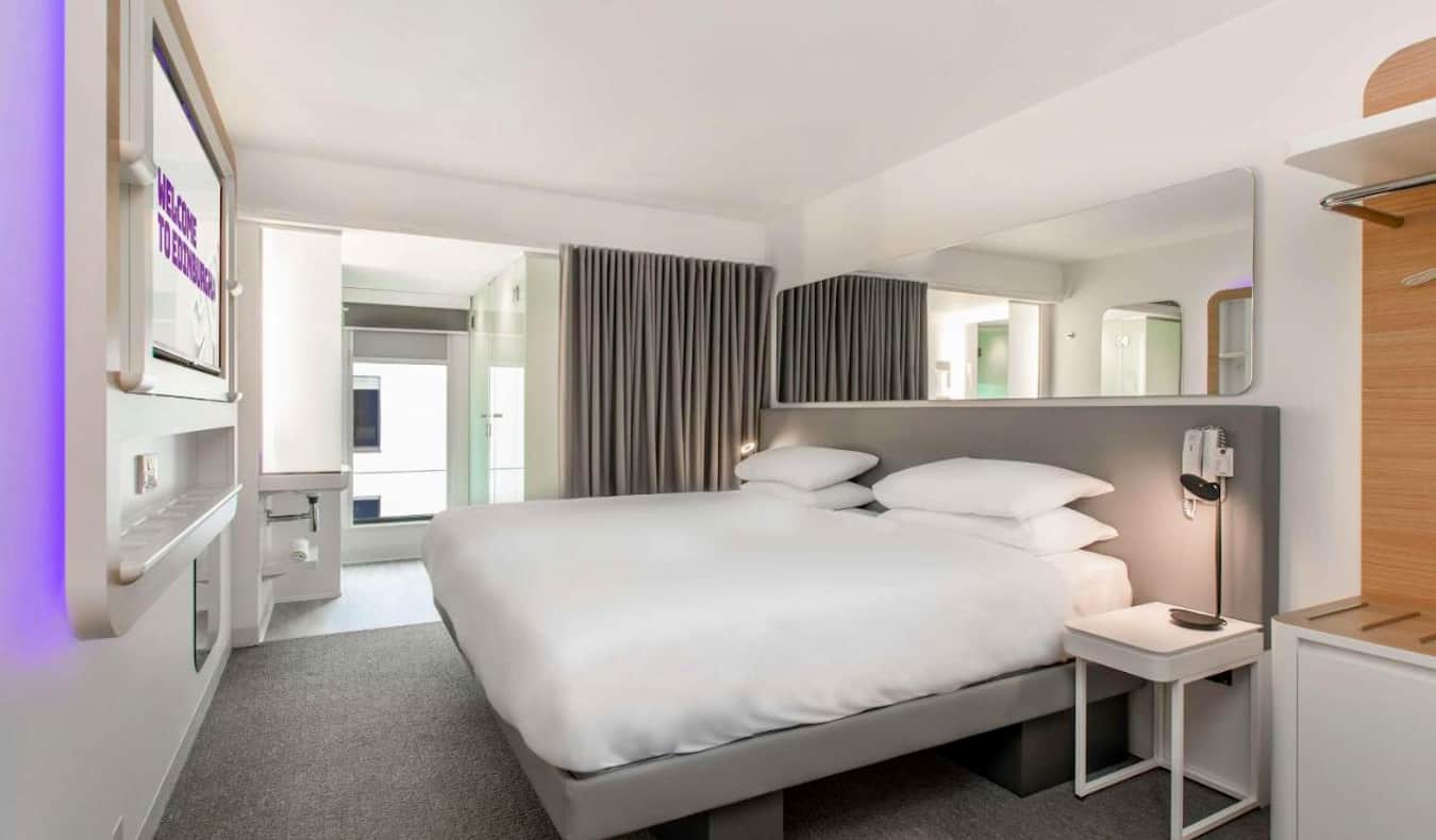 A large hotel room at the Yotel hotel in Edinburgh, Scotland
