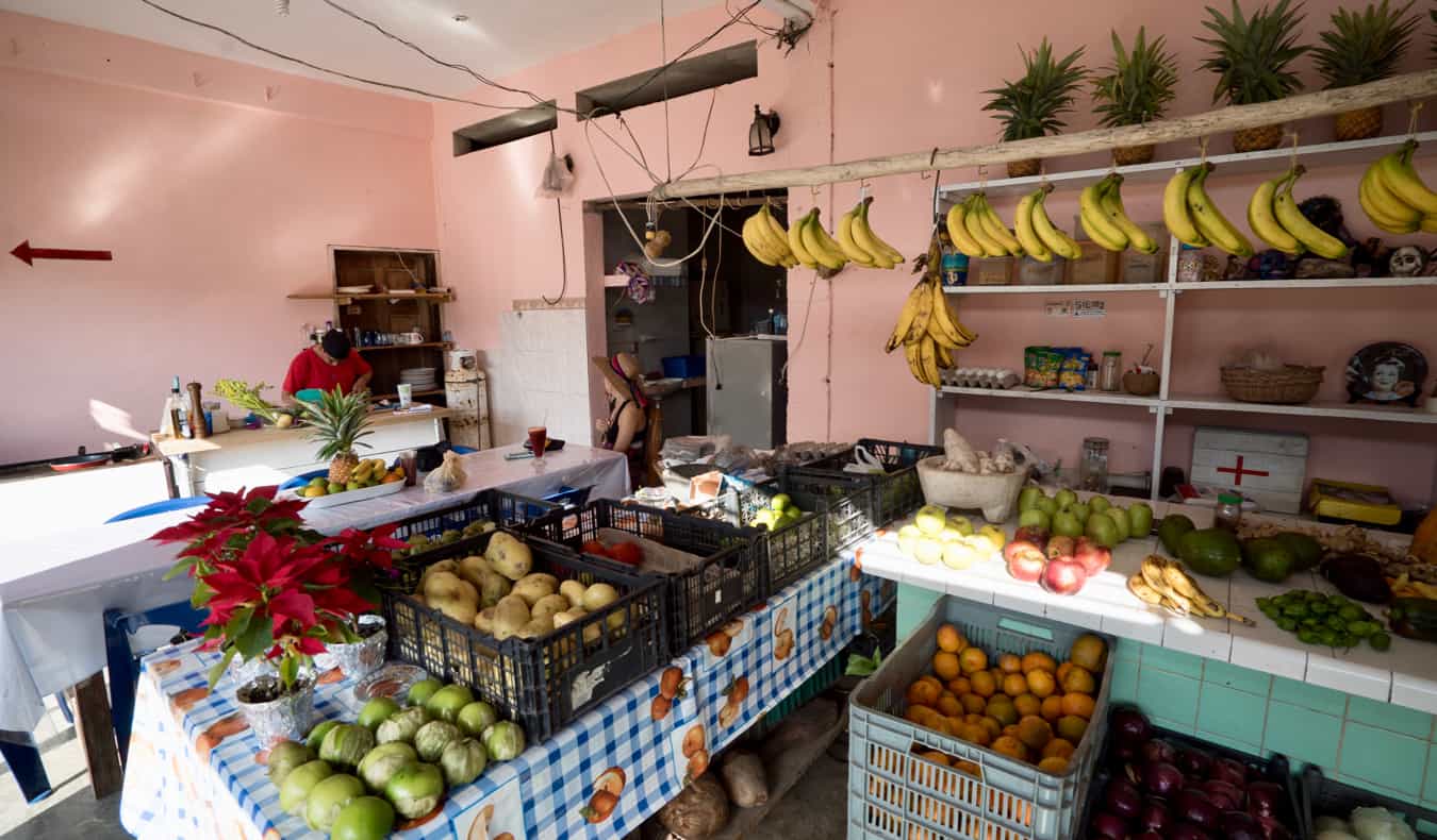 Solo female traveler Kristin Addis in a small shop in Mexico