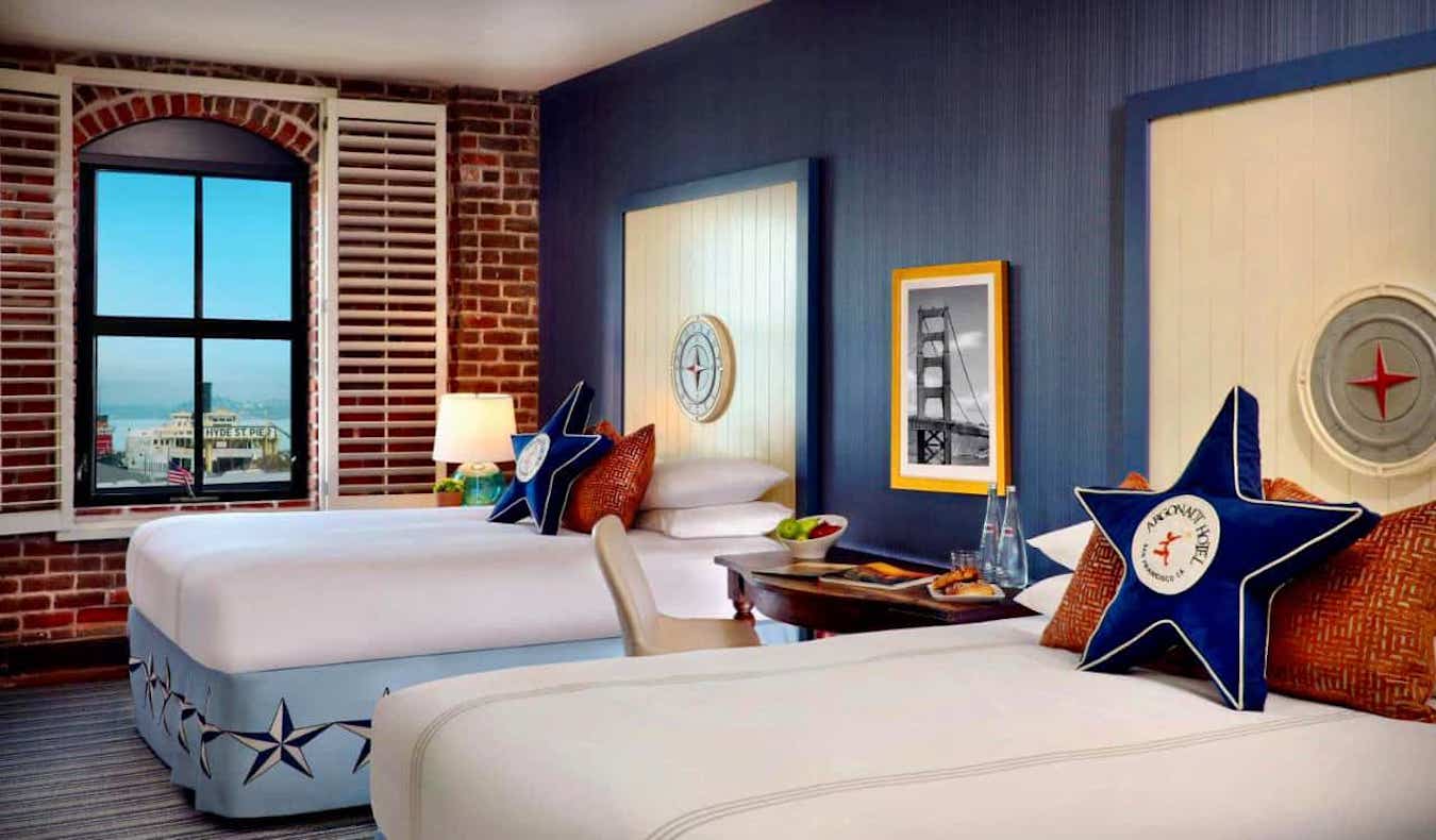 A bright and colorful hotel room at the Argonaut Hotel in San Francisco, USA