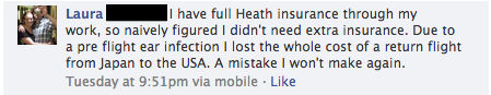 A screenshot from Facebook about using travel insurance